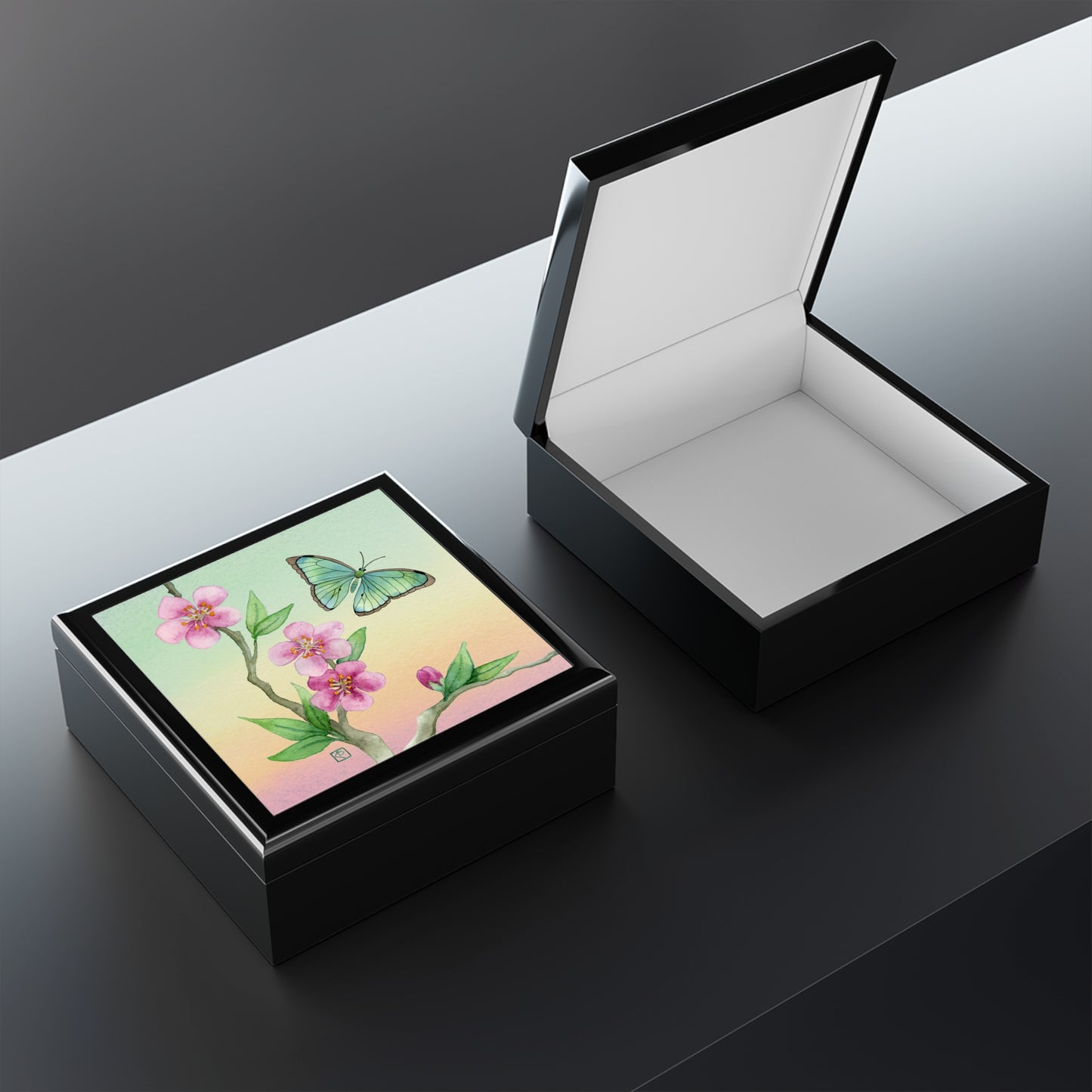 Sage Green Butterfly and Cherry Blossom Jewelry Box