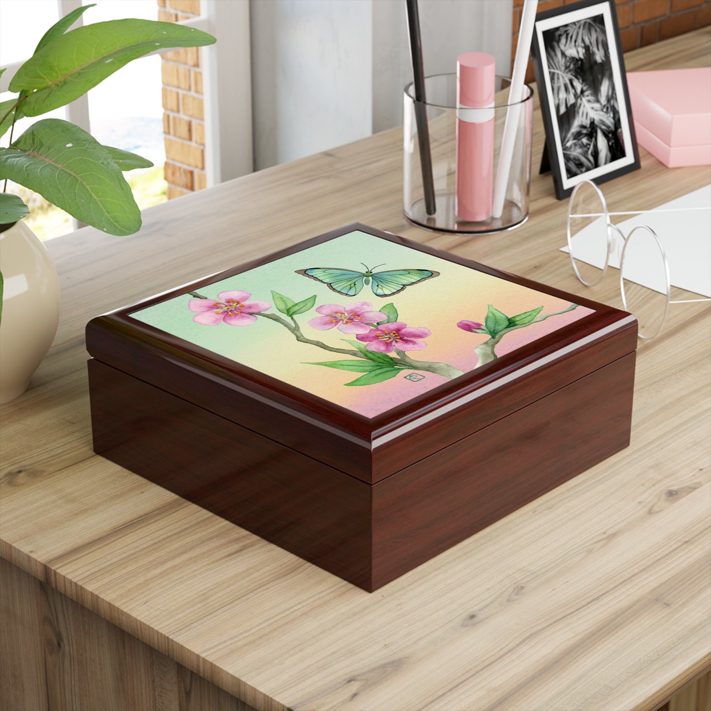 Sage Green Butterfly and Cherry Blossom Jewelry Box