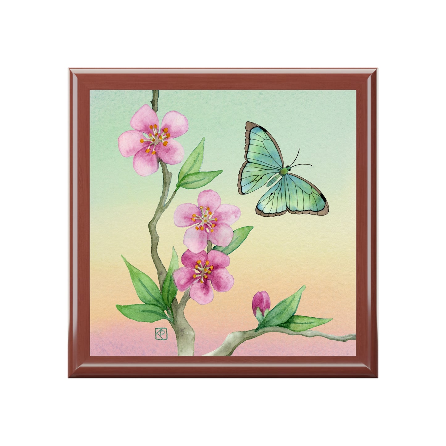 Sage Green Butterfly and Cherry Blossom Jewelry Box