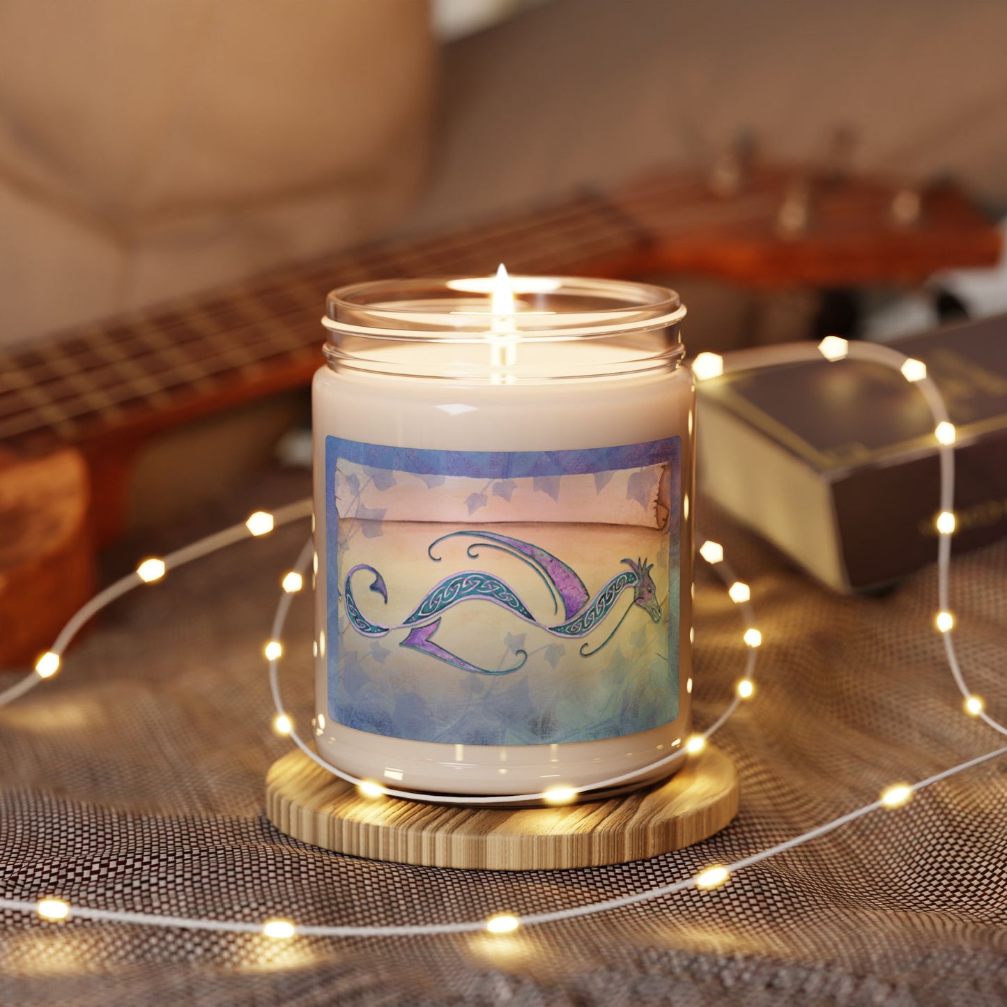 Watercolor Celtic Dragon Scroll Scented Soy Candle, 9oz
