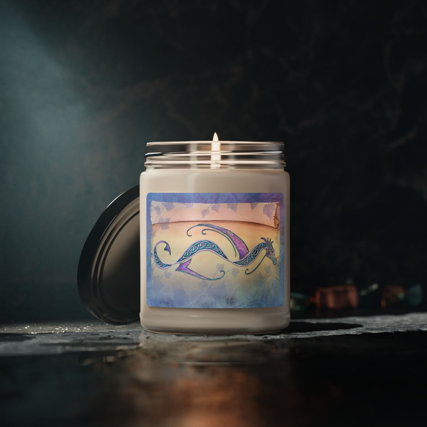 Watercolor Celtic Dragon Scroll Scented Soy Candle, 9oz