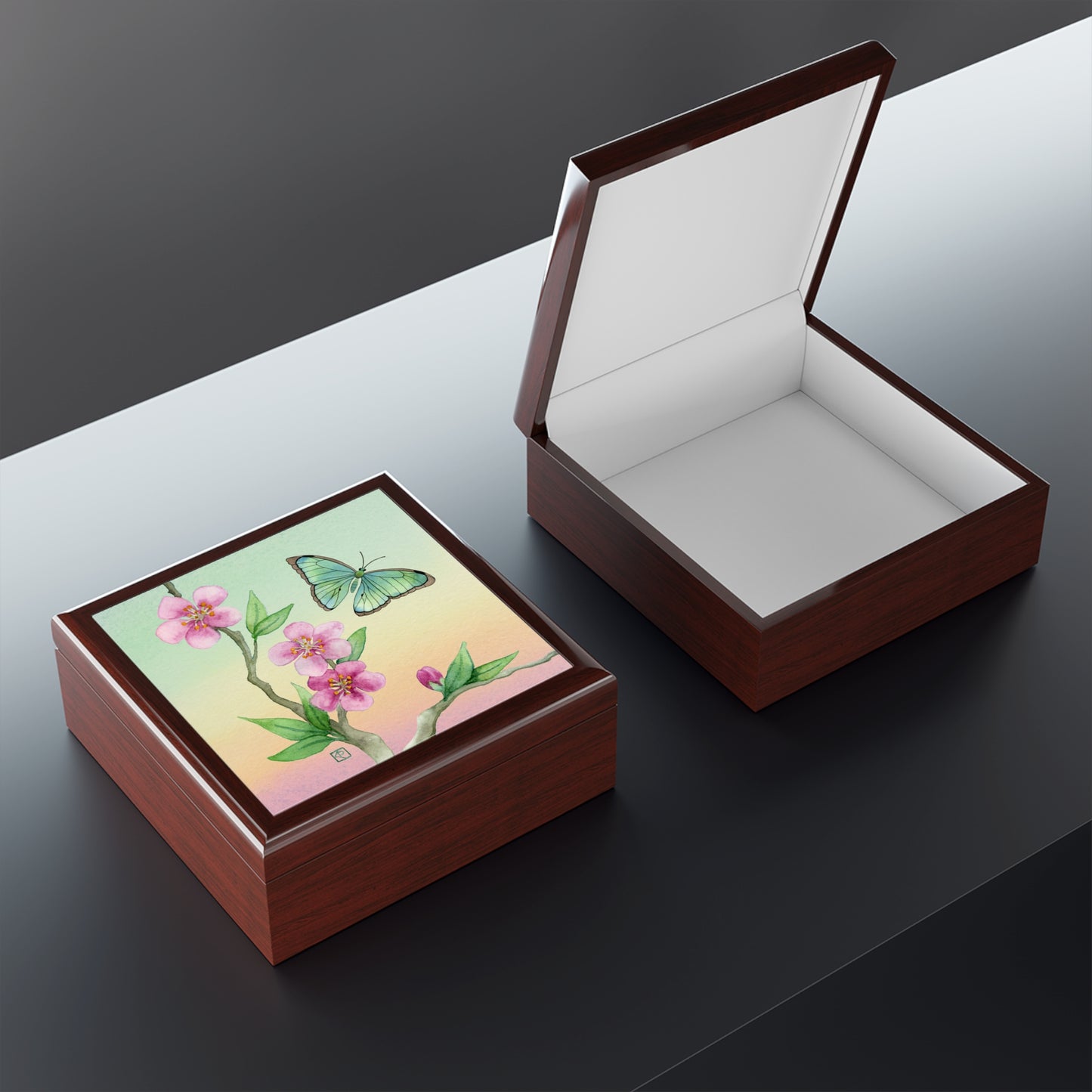 Sage Green Butterfly and Cherry Blossom Jewelry Box