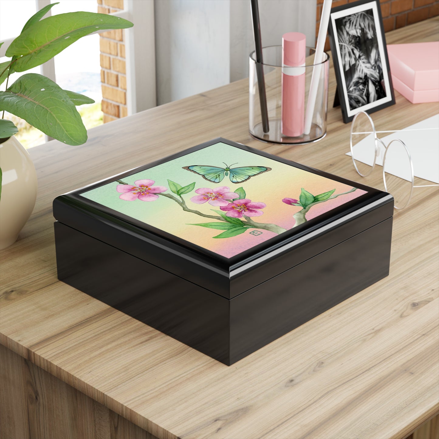 Sage Green Butterfly and Cherry Blossom Jewelry Box