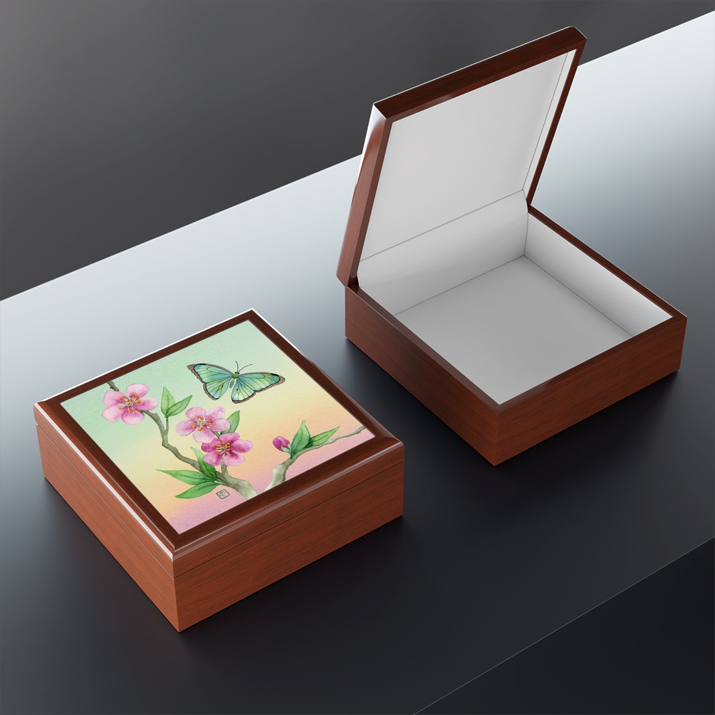 Sage Green Butterfly and Cherry Blossom Jewelry Box