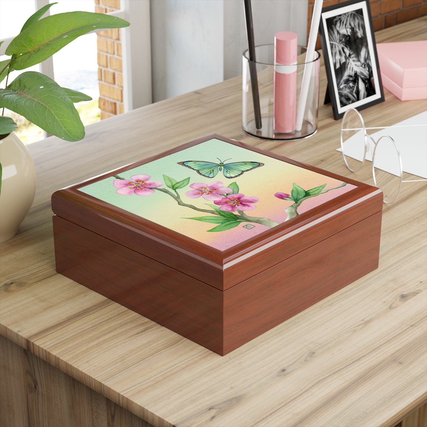 Sage Green Butterfly and Cherry Blossom Jewelry Box