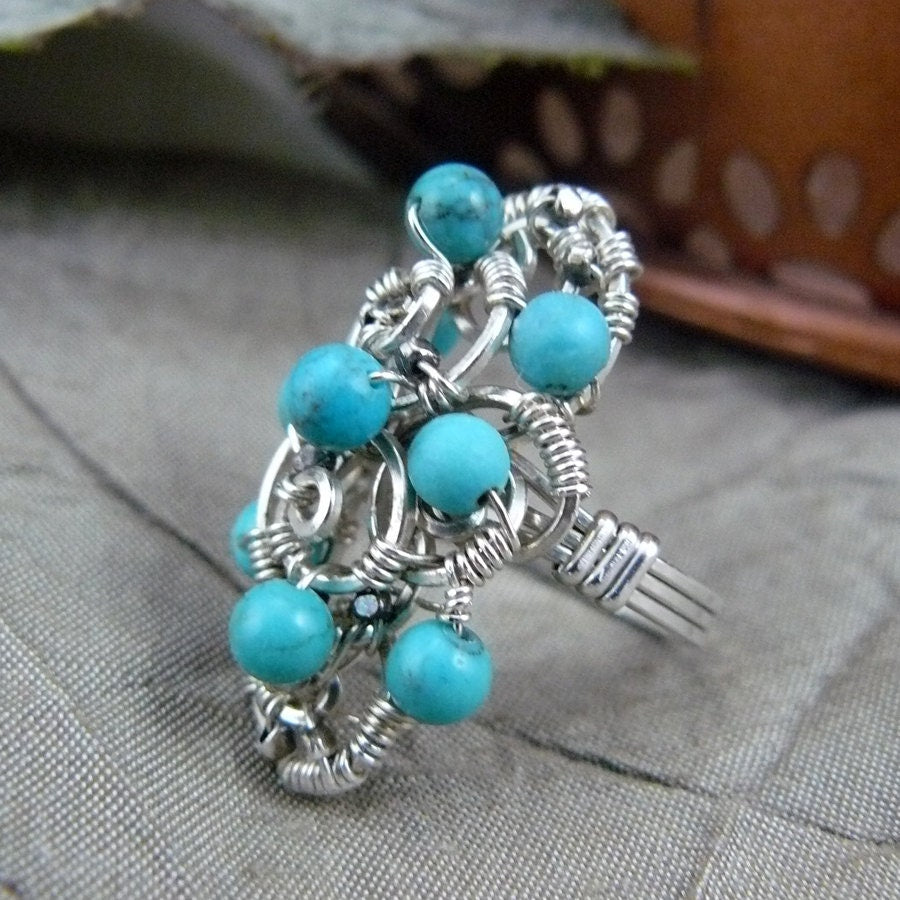 Turquoise and Sterling Silver Bead Cluster Wire Wrapped Cluster Ring ~ Size 6 US