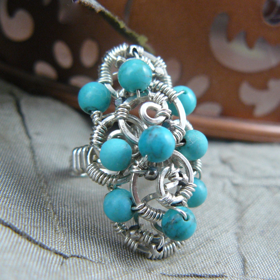 Turquoise and Sterling Silver Bead Cluster Wire Wrapped Cluster Ring ~ Size 6 US