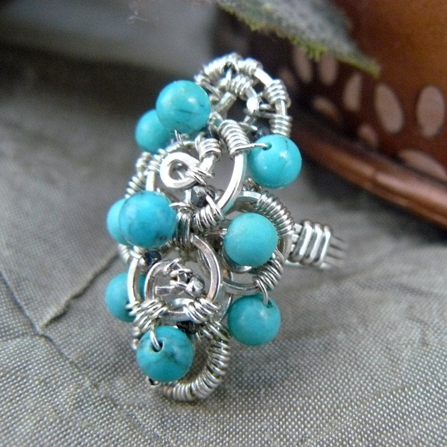 Turquoise and Sterling Silver Bead Cluster Wire Wrapped Cluster Ring ~ Size 6 US