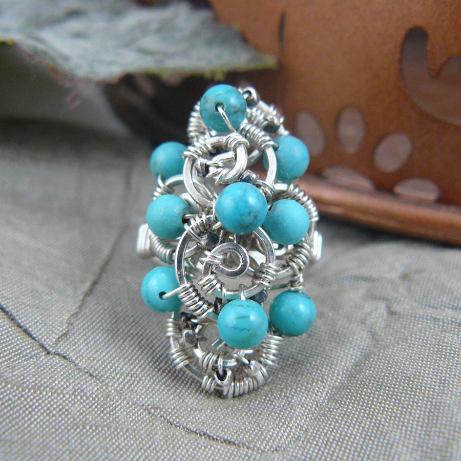 Turquoise and Sterling Silver Bead Cluster Wire Wrapped Cluster Ring ~ Size 6 US