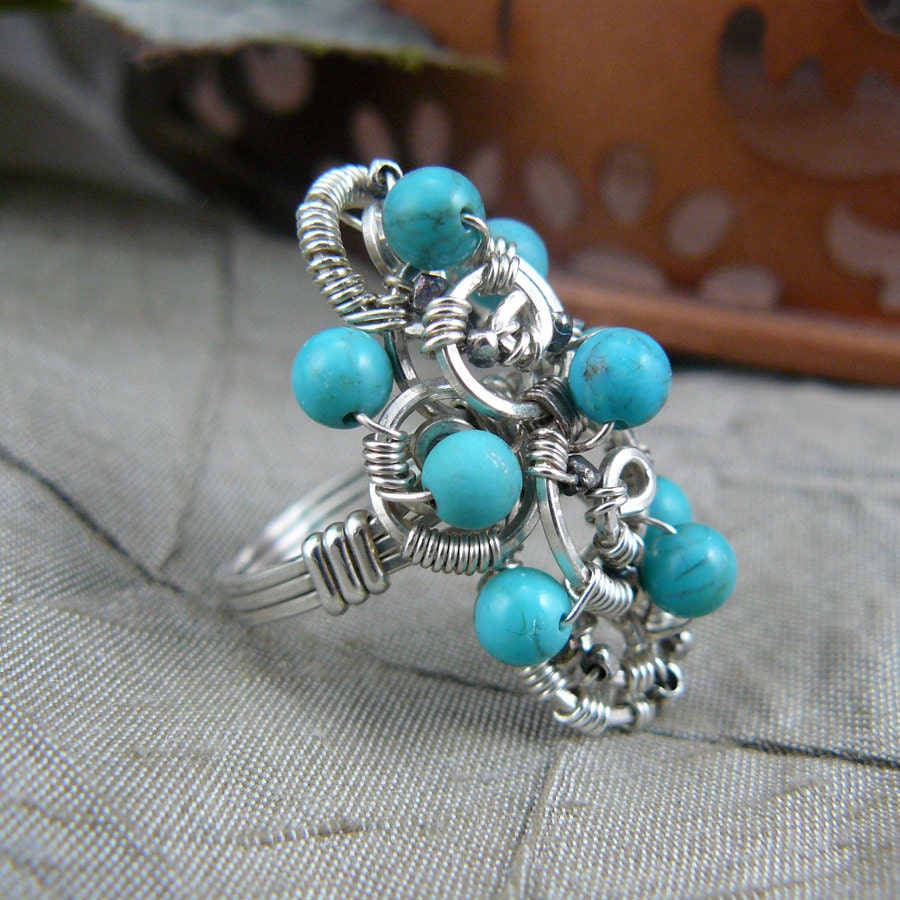 Turquoise and Sterling Silver Bead Cluster Wire Wrapped Cluster Ring ~ Size 6 US