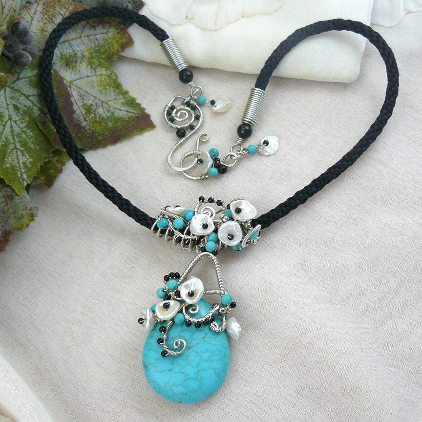 Southwest Skies and Gardens Silver Wire Wrapped Necklace ~ Turquoise Blue Howlite Necklace with Keshi Pearl Flors and a Kumihimo Neck Cord