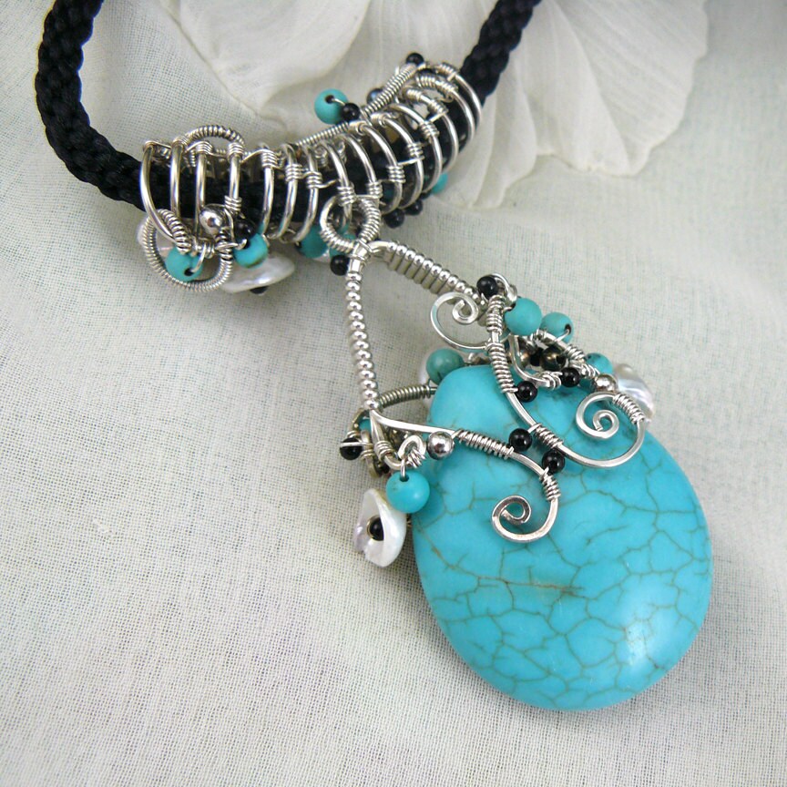 Southwest Skies and Gardens Silver Wire Wrapped Necklace ~ Turquoise Blue Howlite Necklace with Keshi Pearl Flors and a Kumihimo Neck Cord