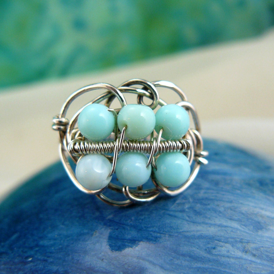 Wire Wrapped Sterling Silver and Amazonite Bead Ring - Size 7