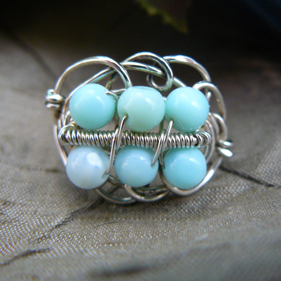 Wire Wrapped Sterling Silver and Amazonite Bead Ring - Size 7