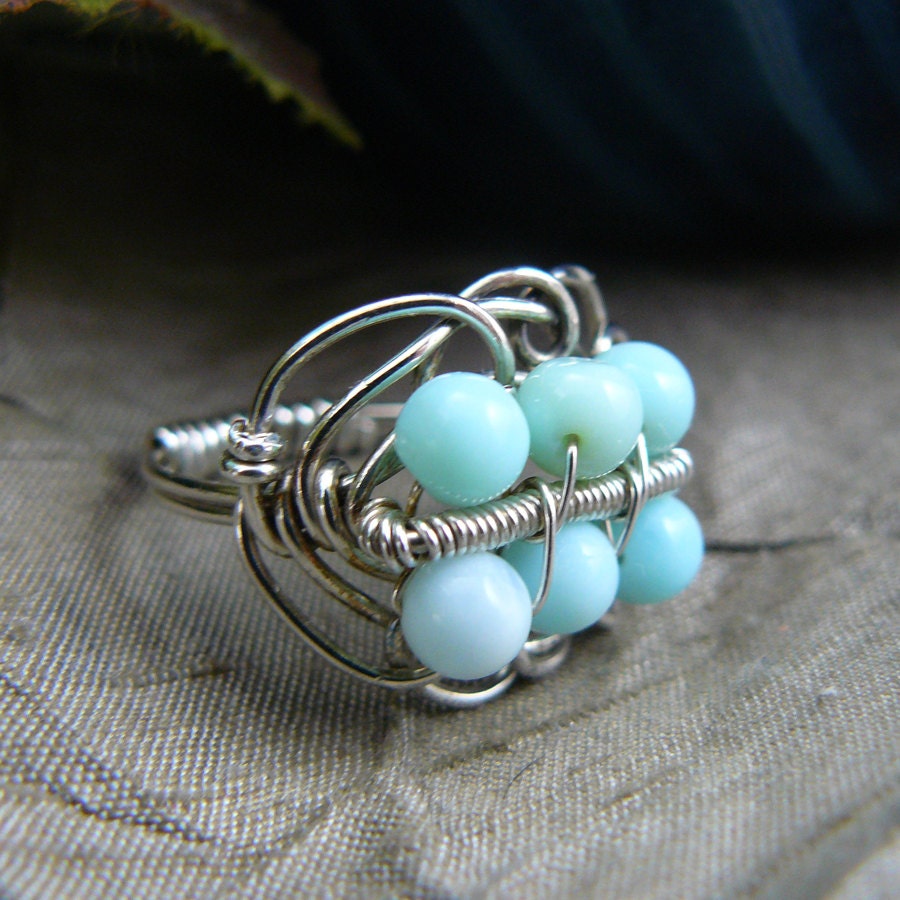 Wire Wrapped Sterling Silver and Amazonite Bead Ring - Size 7