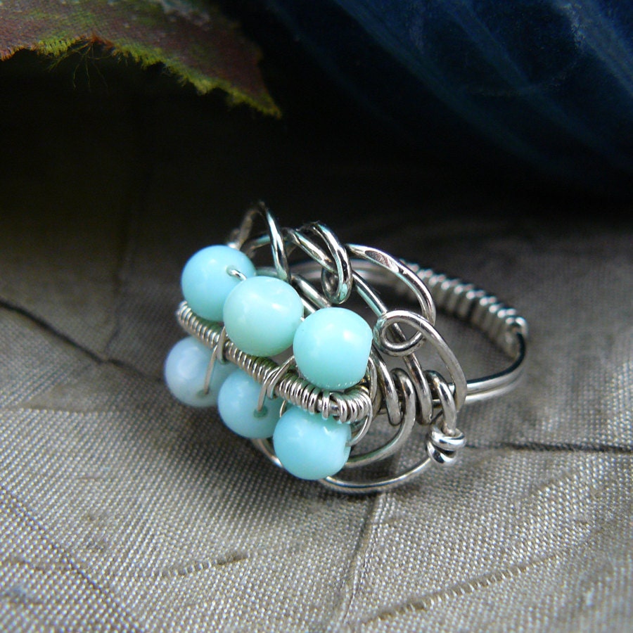 Wire Wrapped Sterling Silver and Amazonite Bead Ring - Size 7