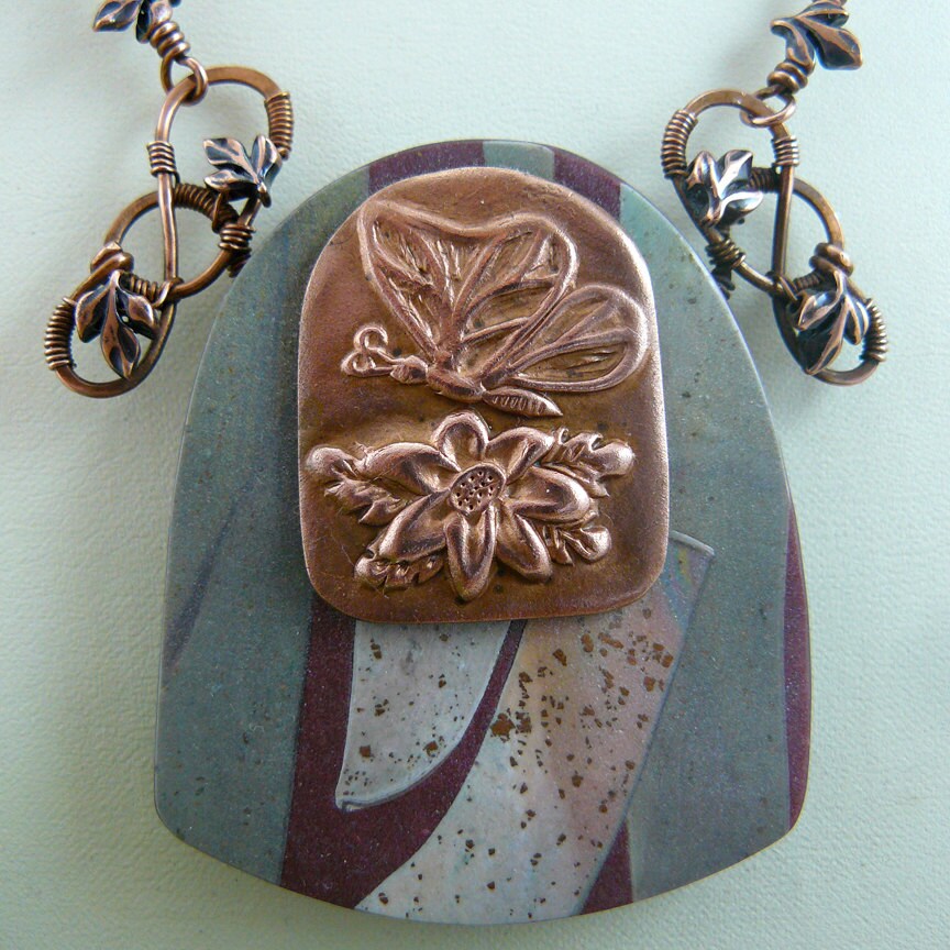 Earthy Copper Butterfly Emblem and Polymer Clay Shield Necklace
