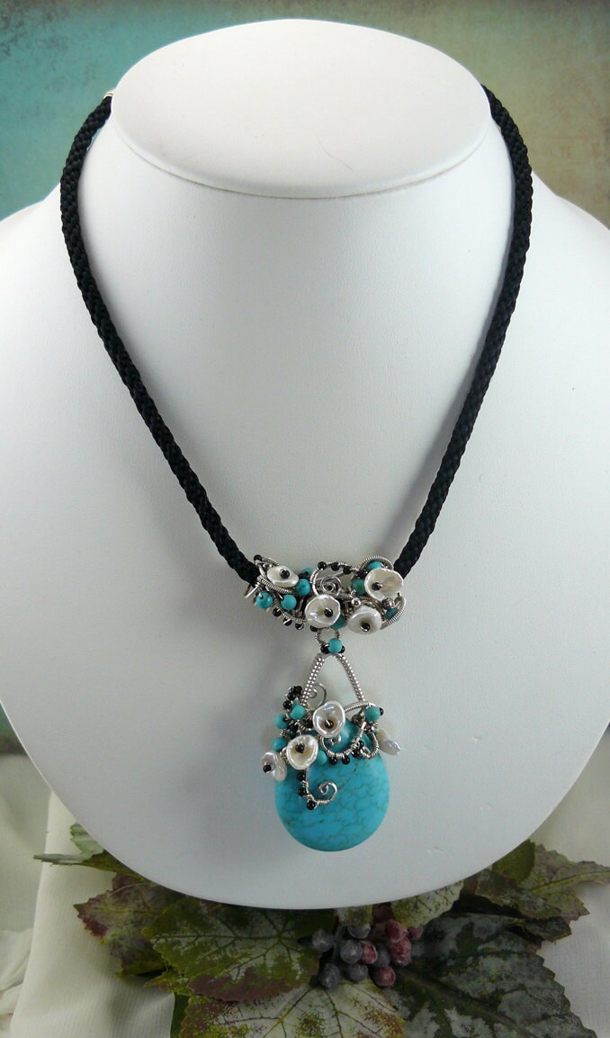 Southwest Skies and Gardens Silver Wire Wrapped Necklace ~ Turquoise Blue Howlite Necklace with Keshi Pearl Flors and a Kumihimo Neck Cord