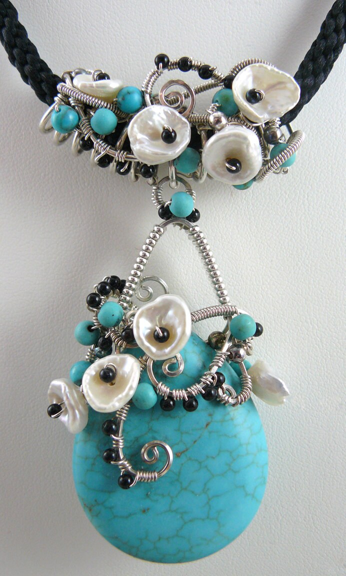 Southwest Skies and Gardens Silver Wire Wrapped Necklace ~ Turquoise Blue Howlite Necklace with Keshi Pearl Flors and a Kumihimo Neck Cord