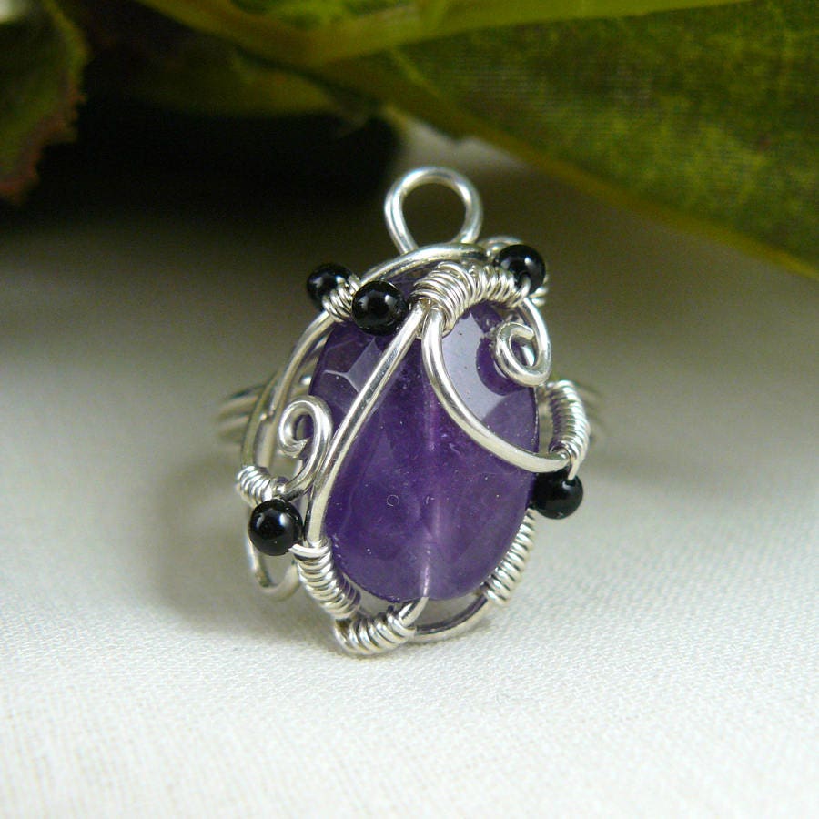 Amethyst and Sterling Silver Wire Wrapped Art Nouveau Style Bead Ring