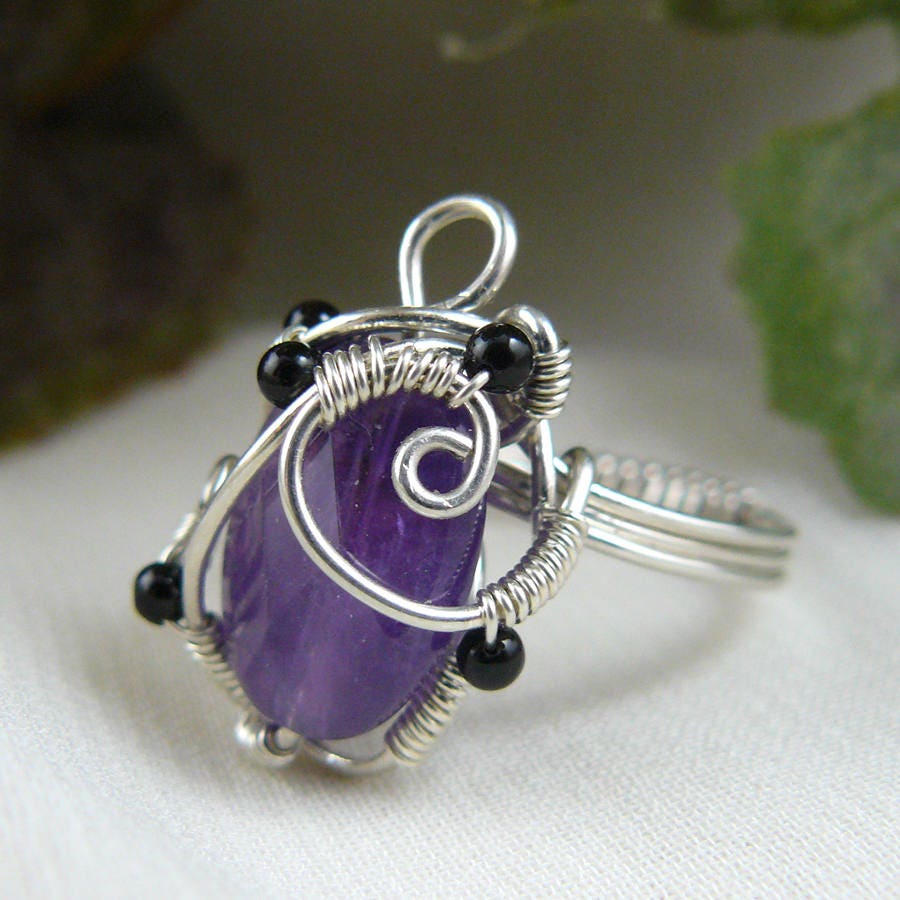 Amethyst and Sterling Silver Wire Wrapped Art Nouveau Style Bead Ring