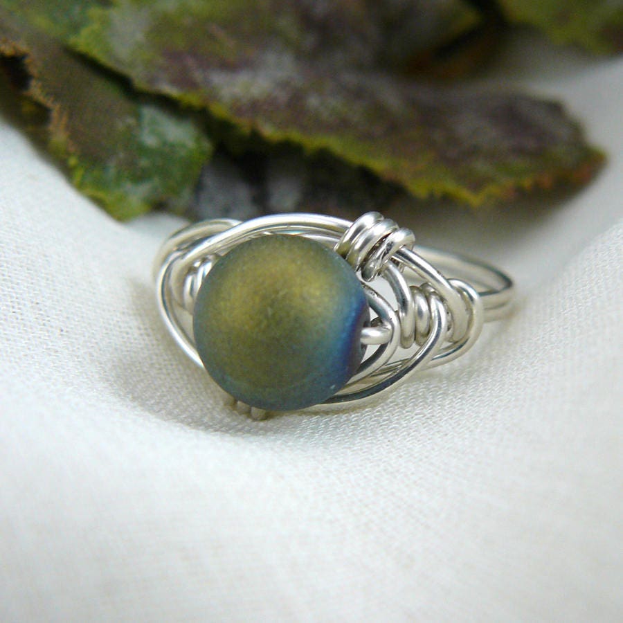 Green Agate Wire Wrapped Sterling Silver Bead Ring ~ Size 6 1/2