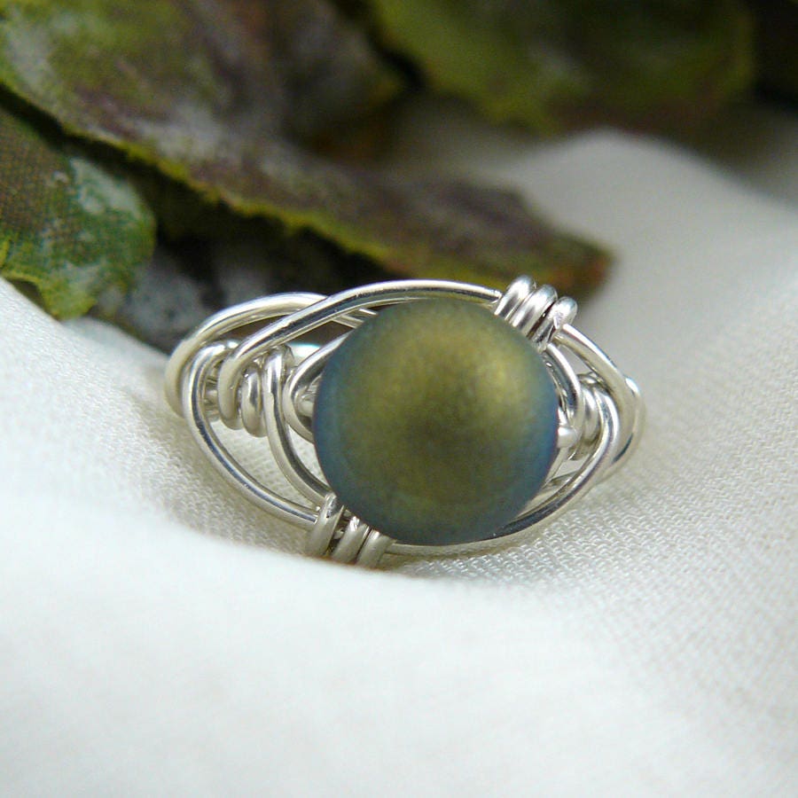 Green Agate Wire Wrapped Sterling Silver Bead Ring ~ Size 6 1/2