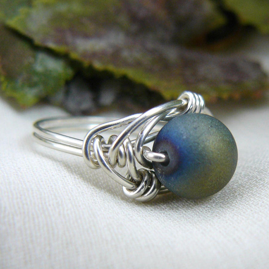 Green Agate Wire Wrapped Sterling Silver Bead Ring ~ Size 6 1/2