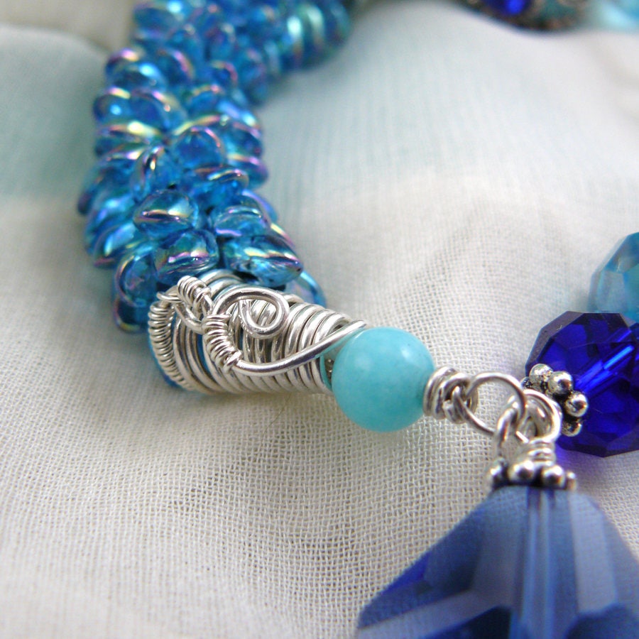 Moody Blues and Mystery ~ Blingy Boho Style Wire Wrapped Kumihimo Magatama Bead Weave Bracelet