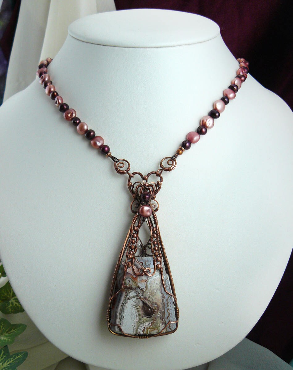Autumn Pink Crazy Lace and Crystal Druzy Copper Wire Wrapped Agate Statement Pendant