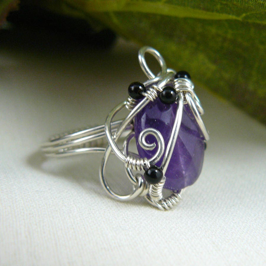 Amethyst and Sterling Silver Wire Wrapped Art Nouveau Style Bead Ring