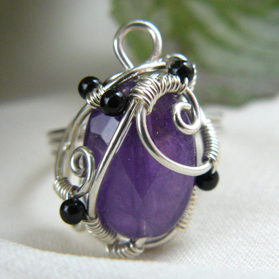 Amethyst and Sterling Silver Wire Wrapped Art Nouveau Style Bead Ring