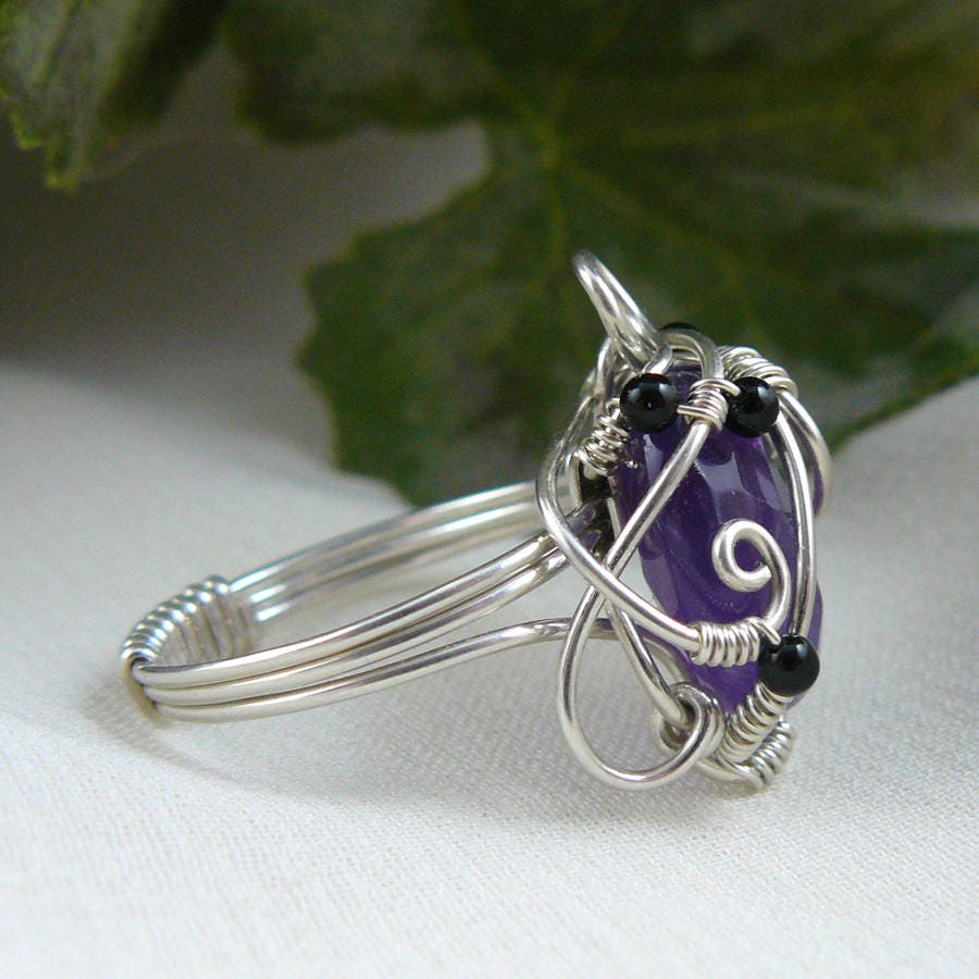 Amethyst and Sterling Silver Wire Wrapped Art Nouveau Style Bead Ring