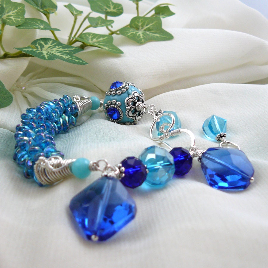 Moody Blues and Mystery ~ Blingy Boho Style Wire Wrapped Kumihimo Magatama Bead Weave Bracelet