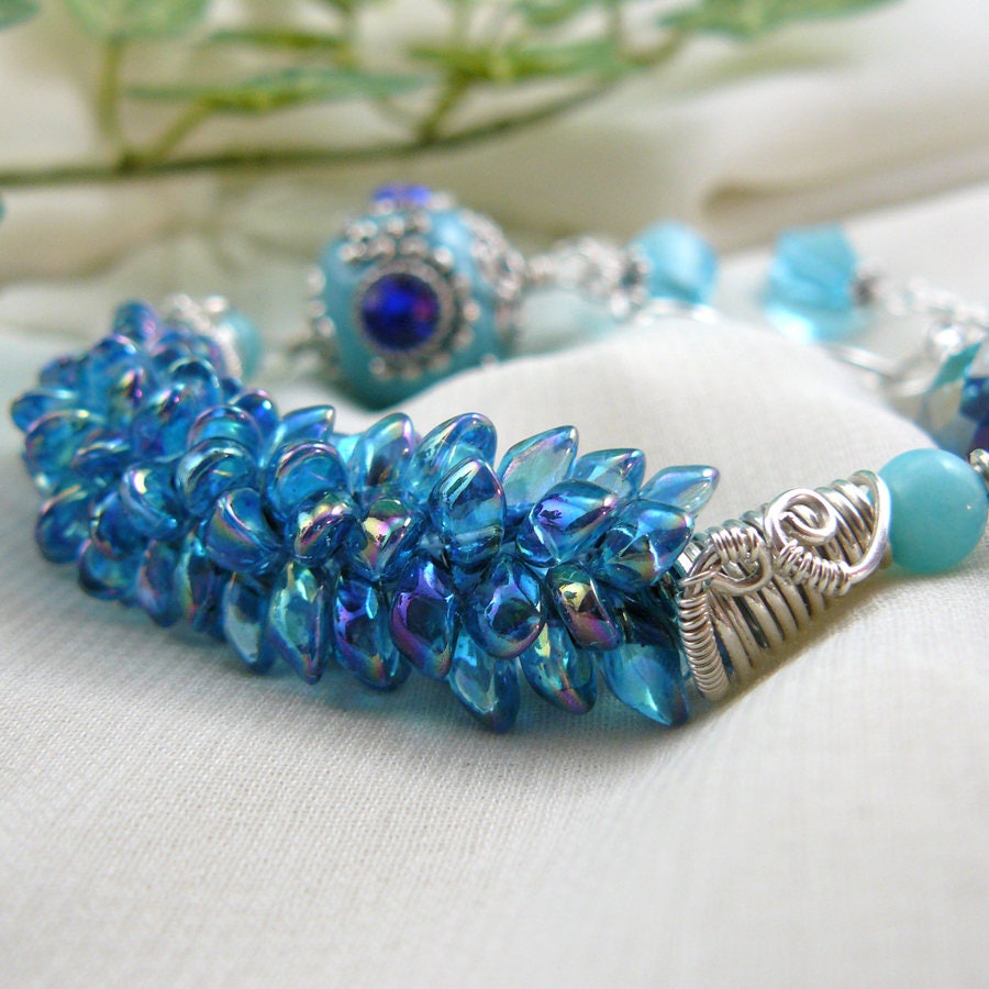 Moody Blues and Mystery ~ Blingy Boho Style Wire Wrapped Kumihimo Magatama Bead Weave Bracelet