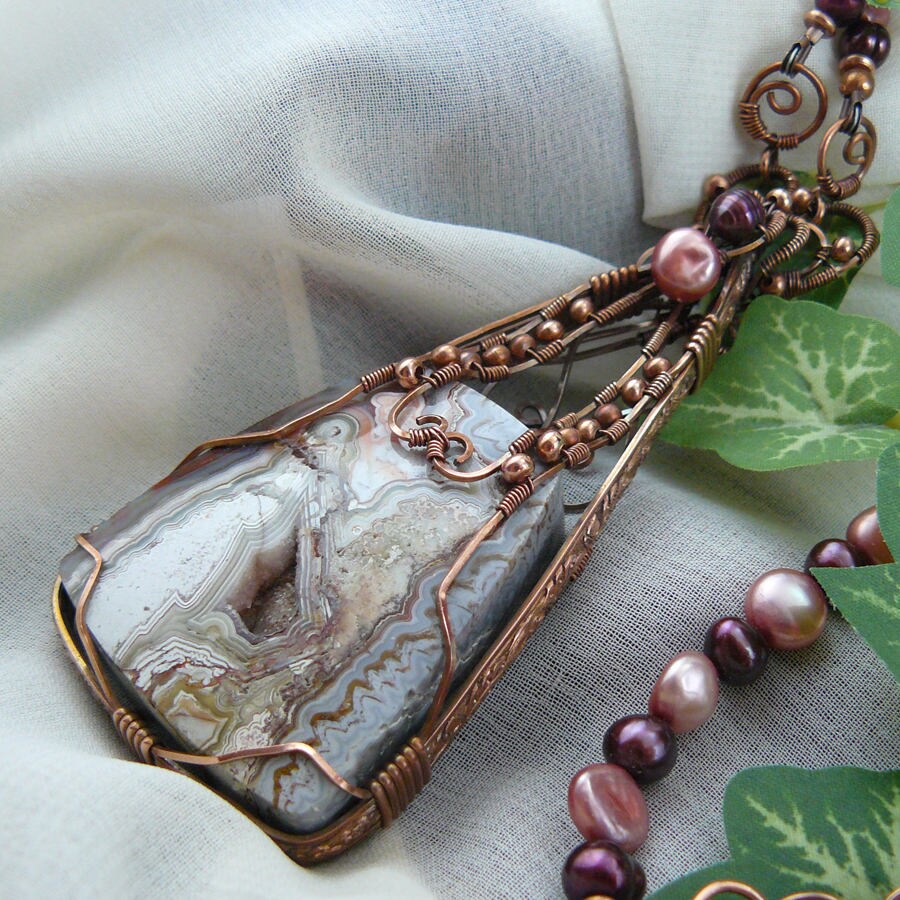 Autumn Pink Crazy Lace and Crystal Druzy Copper Wire Wrapped Agate Statement Pendant