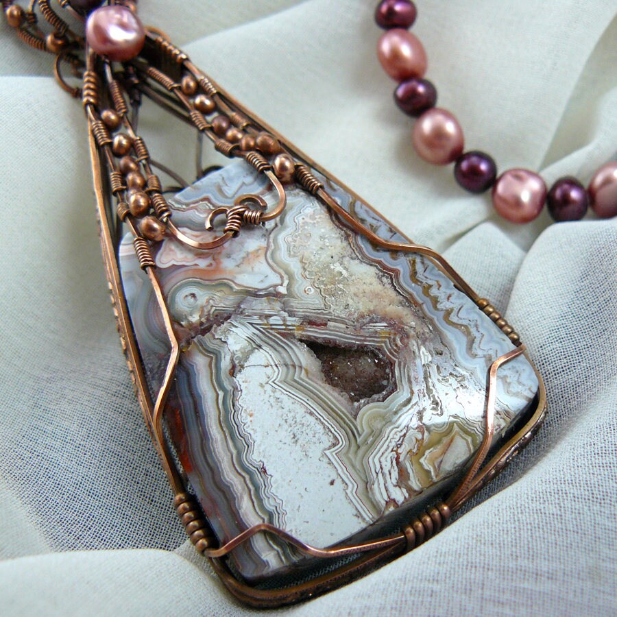 Autumn Pink Crazy Lace and Crystal Druzy Copper Wire Wrapped Agate Statement Pendant