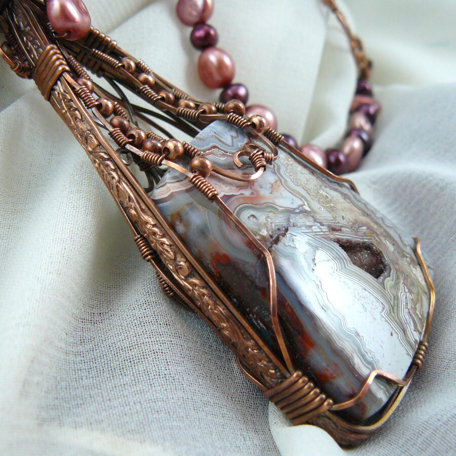 Autumn Pink Crazy Lace and Crystal Druzy Copper Wire Wrapped Agate Statement Pendant