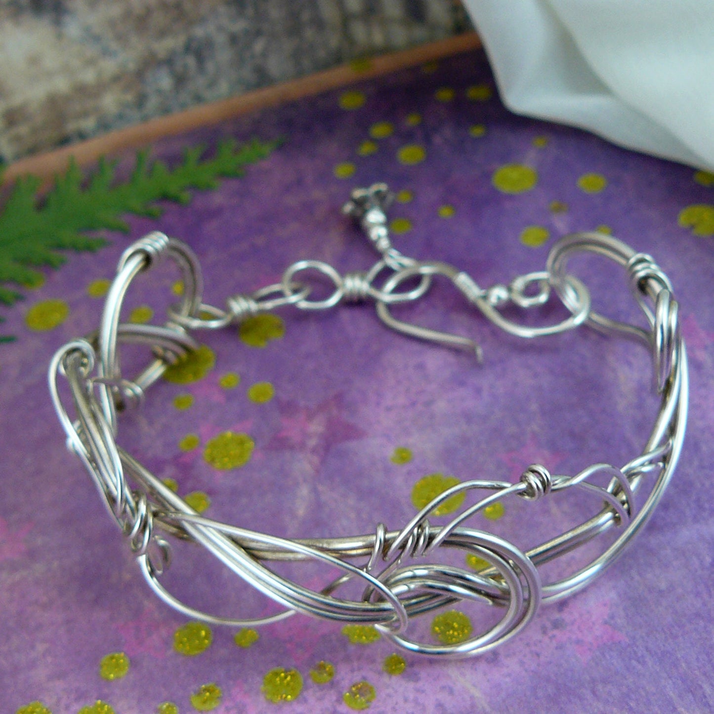 Whimsical Sculpted Silver Wire Art Nouveau Style Cuff Bracelet