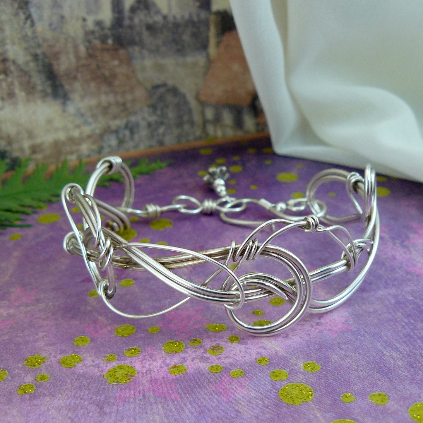Whimsical Sculpted Silver Wire Art Nouveau Style Cuff Bracelet