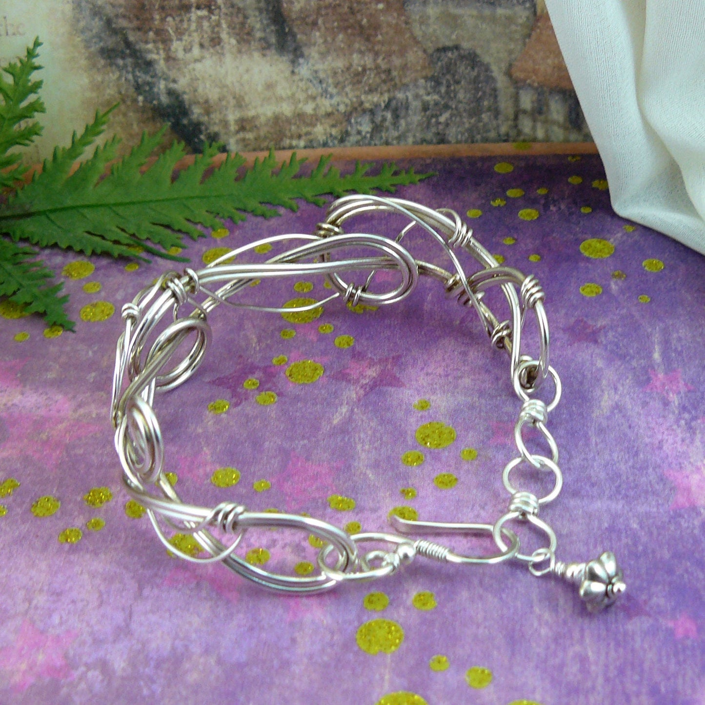 Whimsical Sculpted Silver Wire Art Nouveau Style Cuff Bracelet