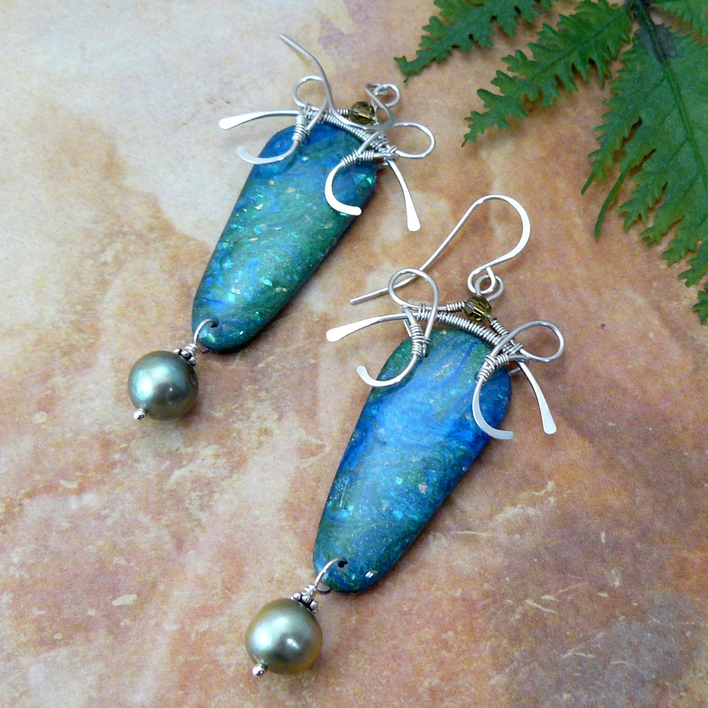 Ocean Blue Resin Painting Wire Wrapped Pagoda Shield Earrings