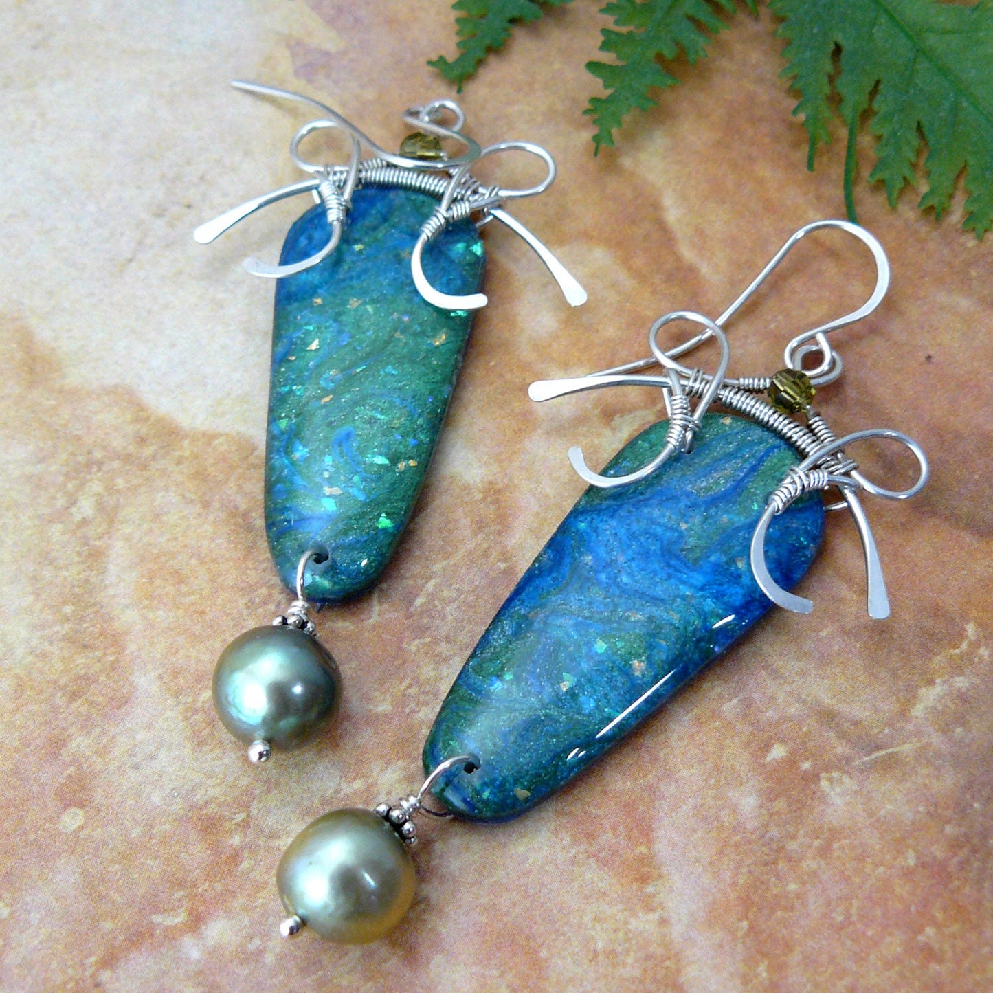 Ocean Blue Resin Painting Wire Wrapped Pagoda Shield Earrings