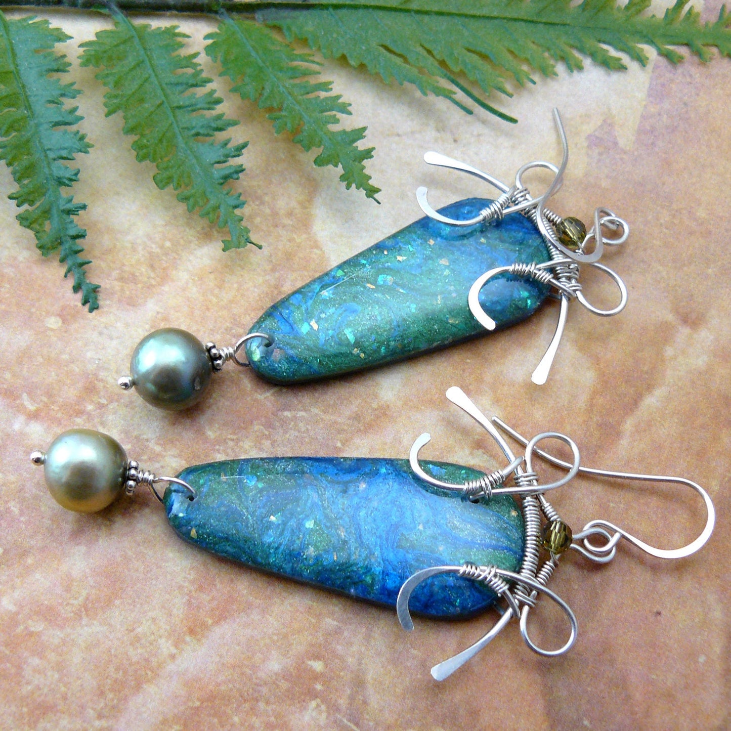 Ocean Blue Resin Painting Wire Wrapped Pagoda Shield Earrings
