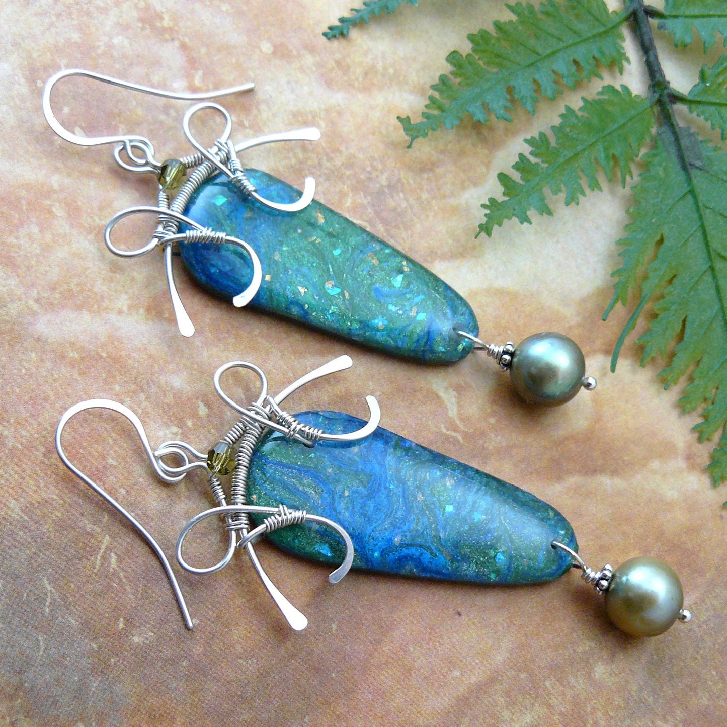 Ocean Blue Resin Painting Wire Wrapped Pagoda Shield Earrings