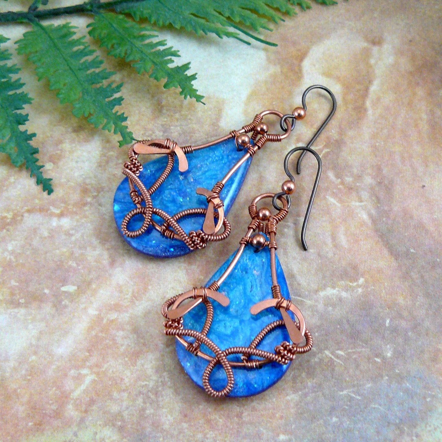 Copper Wire Wrapped Resin Painting Teardrop Earrings