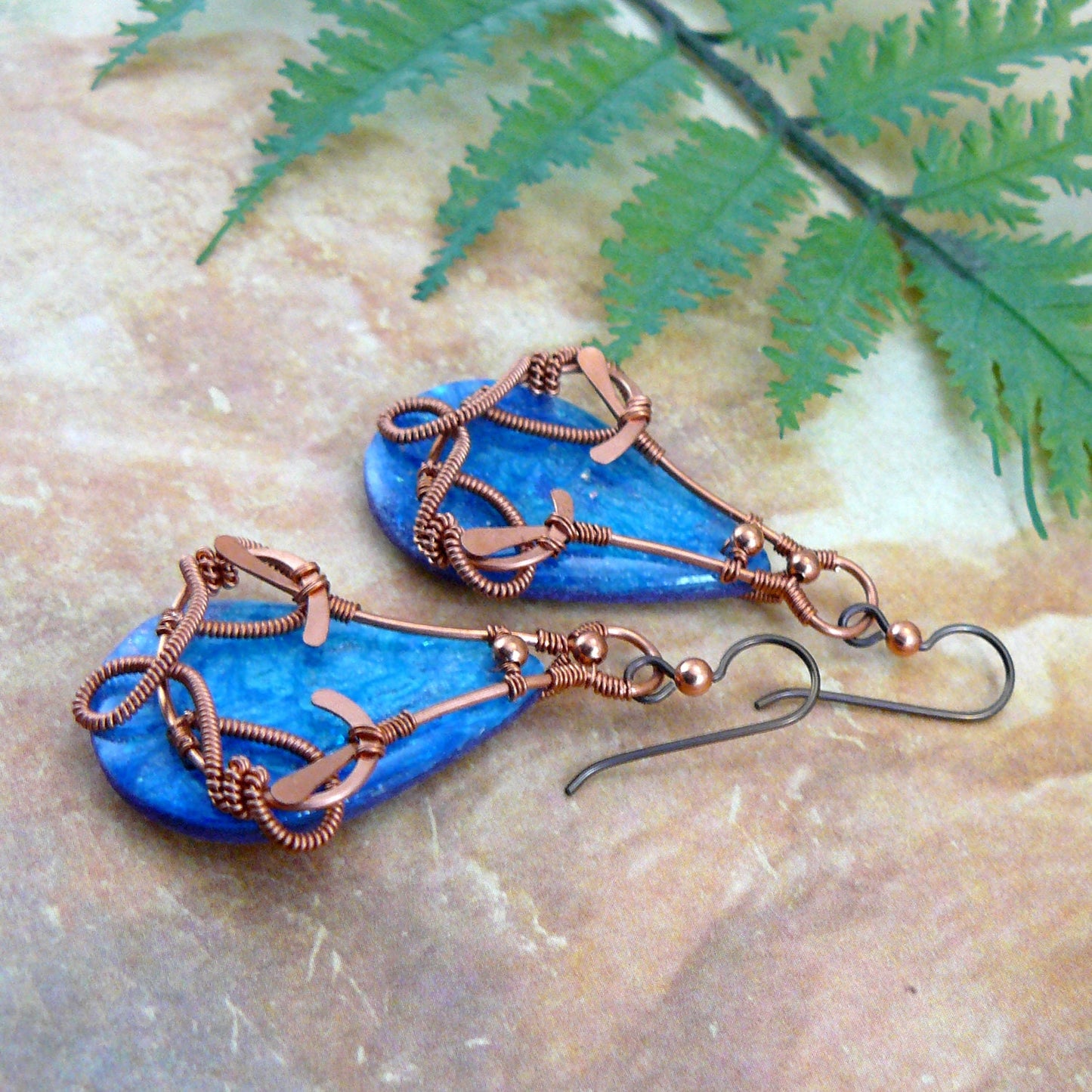 Copper Wire Wrapped Resin Painting Teardrop Earrings
