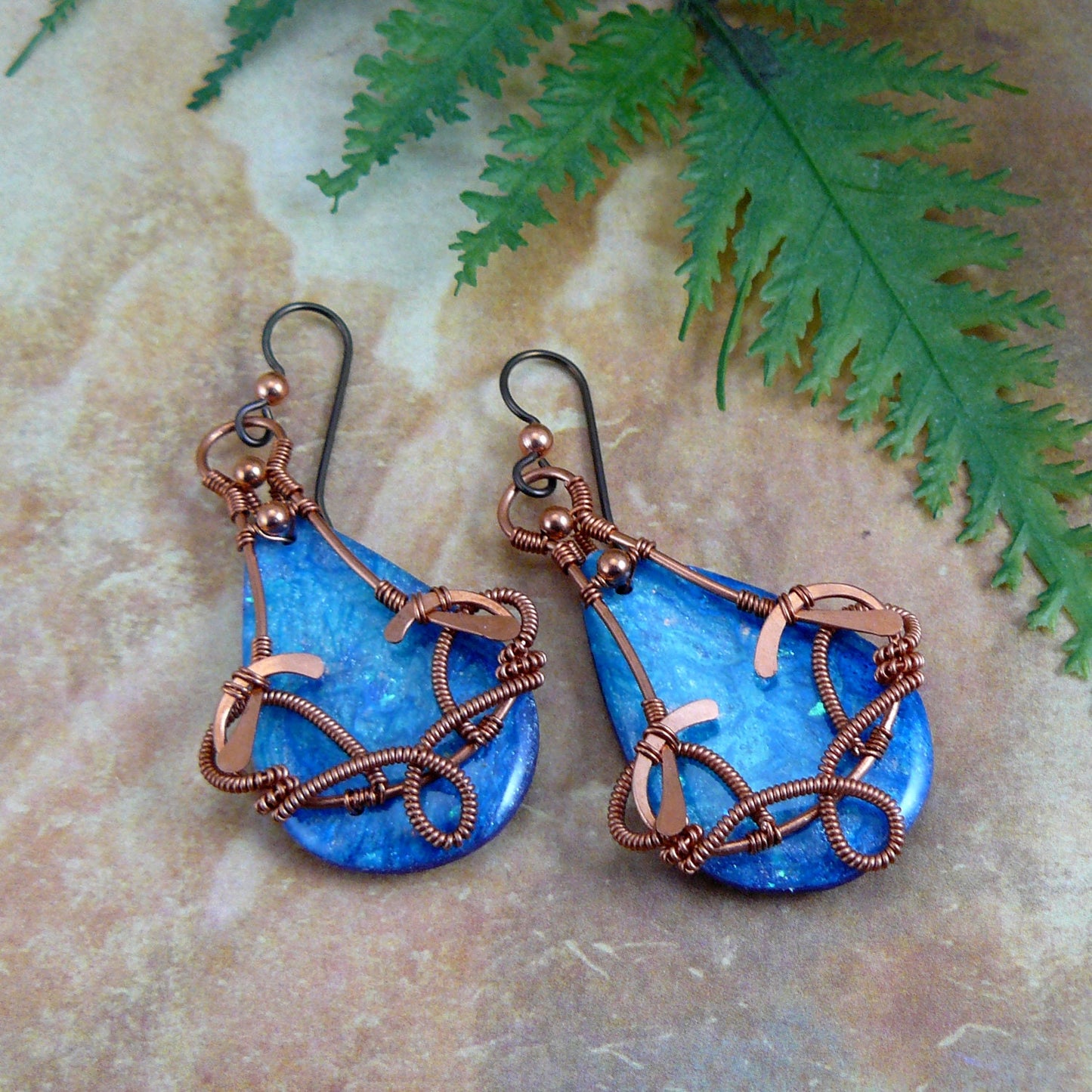 Copper Wire Wrapped Resin Painting Teardrop Earrings