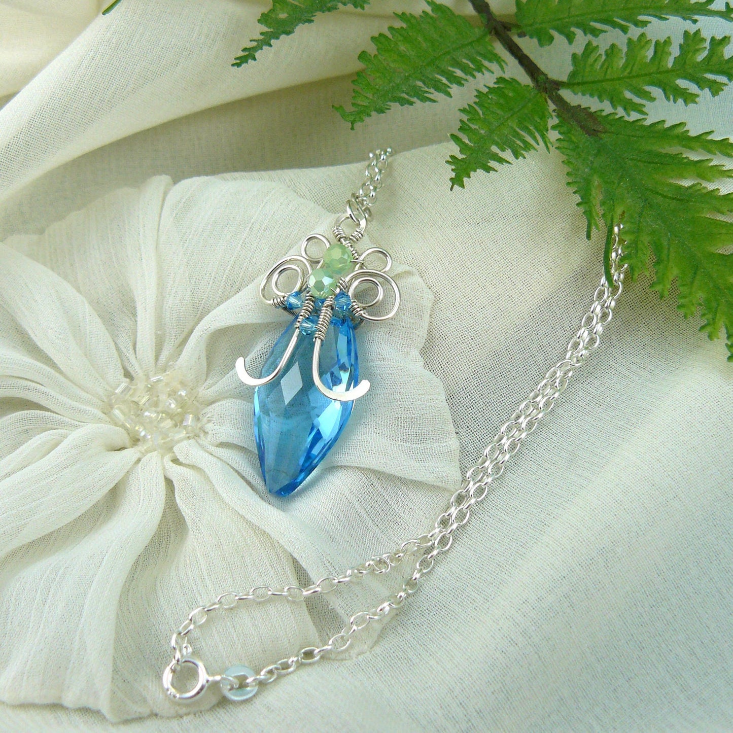 Art Nouveau Style Aquamarine Swarovski Crystal Wire Wrapped Pendant in Sterling Silver