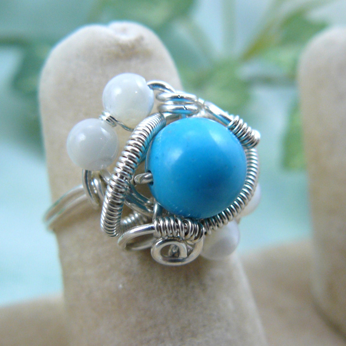 Turquoise Magnesite and Mother of Pearl Wire Wrapped Bead Ring ~ Size 6 1/2 US